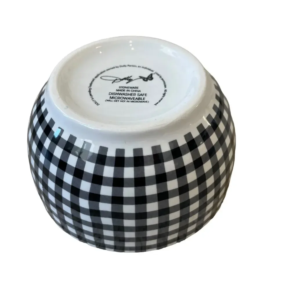 DOLLY PARTON Set of 4 Ceramic Tidbit Bowls Black|White Gingham Red Floral INEW